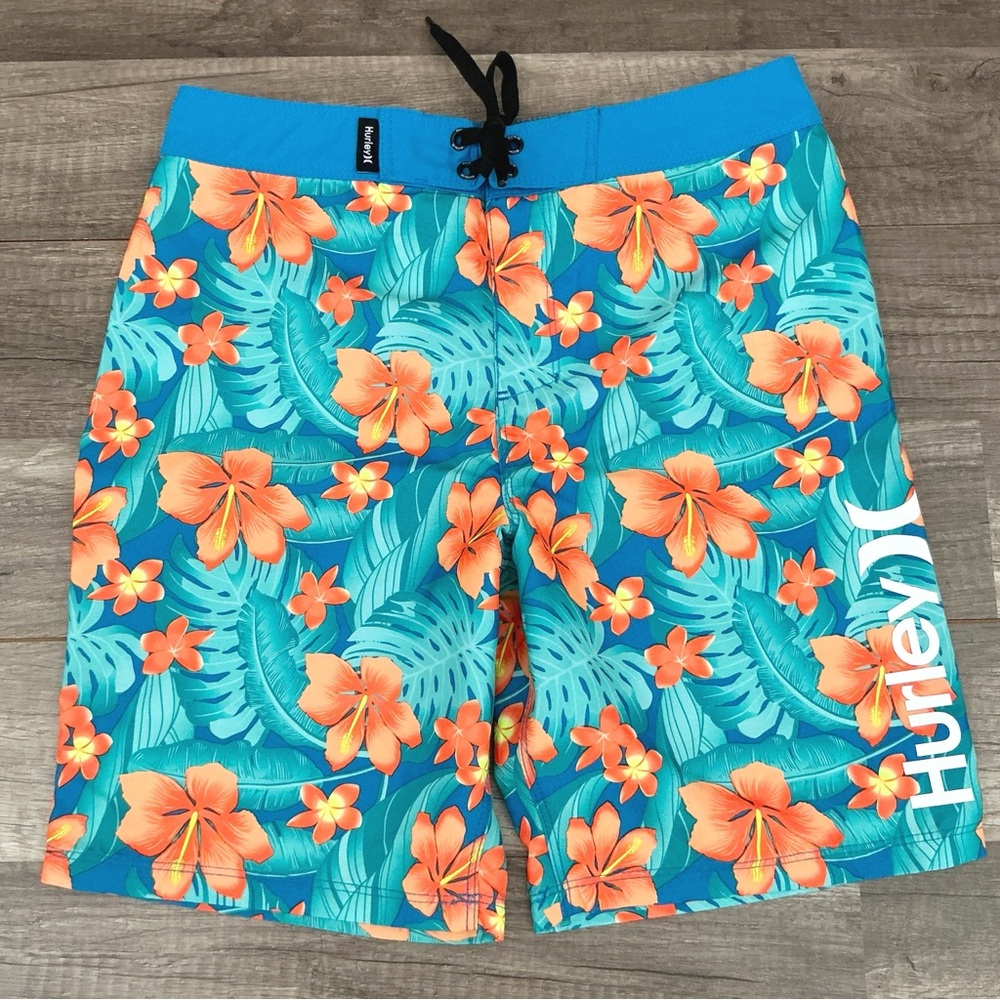 New Hurley Boys Cabana Blue Orange Hibiscus Board Shorts Size 10